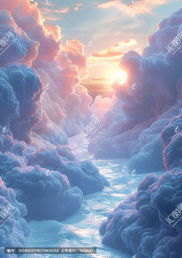 雲(yún)谷中流淌著一條雲(yún)河盡頭有一輪明亮的太陽(yáng)