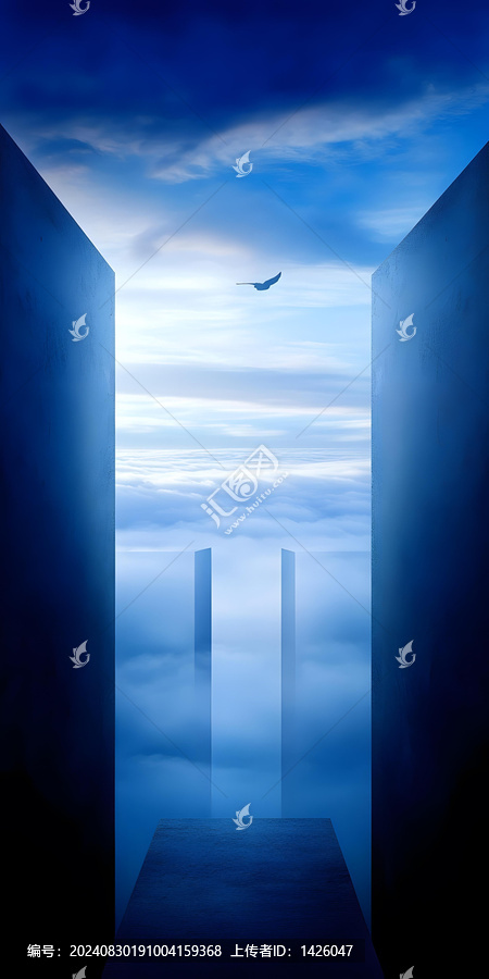 藍(lán)色天空云朵鳥(niǎo)的抽象簡(jiǎn)約主義