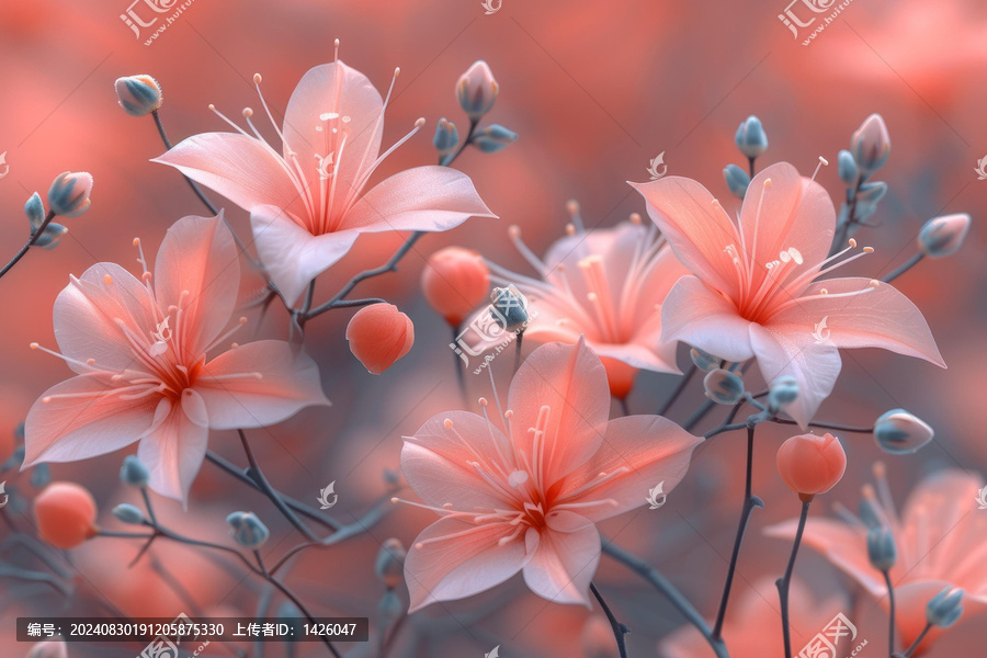 粉紅花朵和蜜桃橙色背景