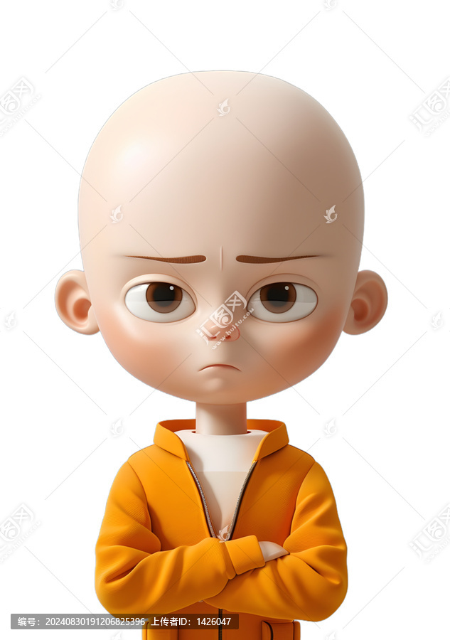 [免摳素材]卡通3D渲染人物：戴著橙色夾克雙手交叉的禿頭男孩