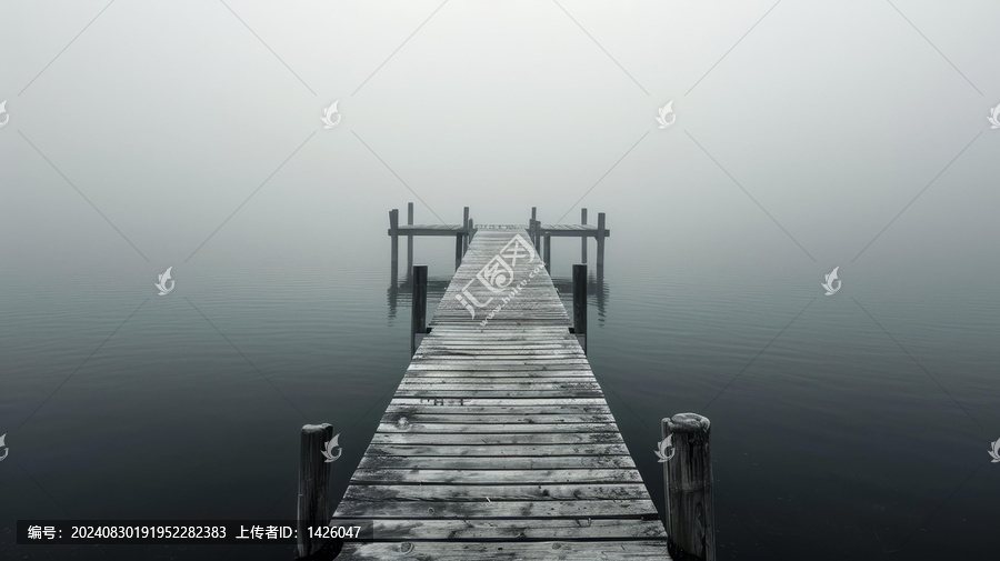 迷霧籠罩的湖泊上伸出的木制碼頭