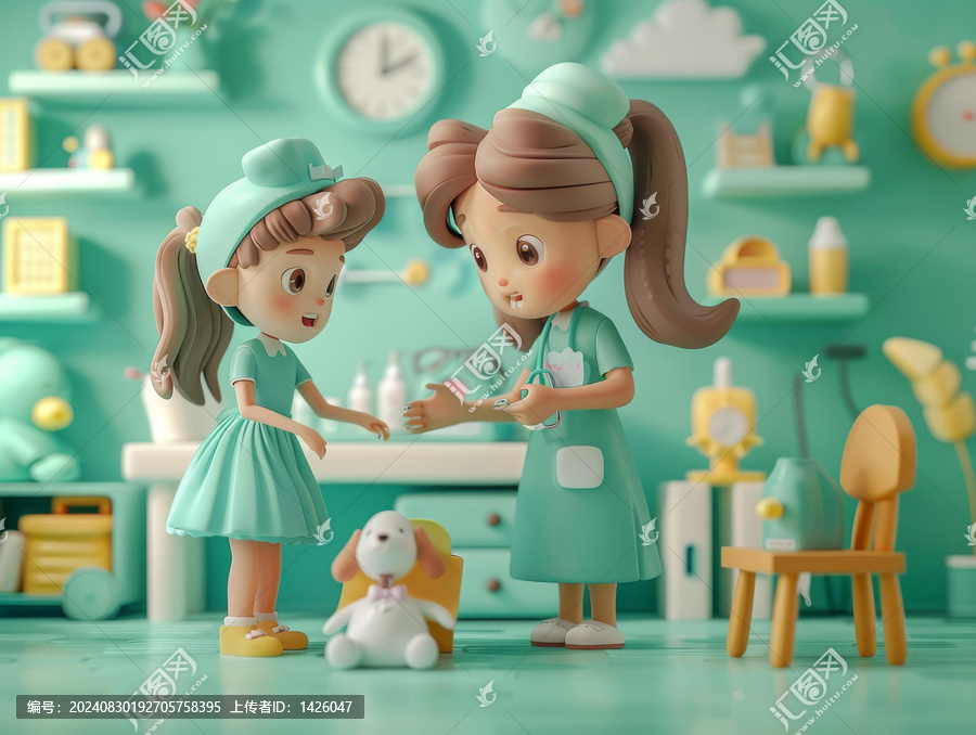 小女孩穿著醫(yī)生服裝和她的朋友玩玩具狗