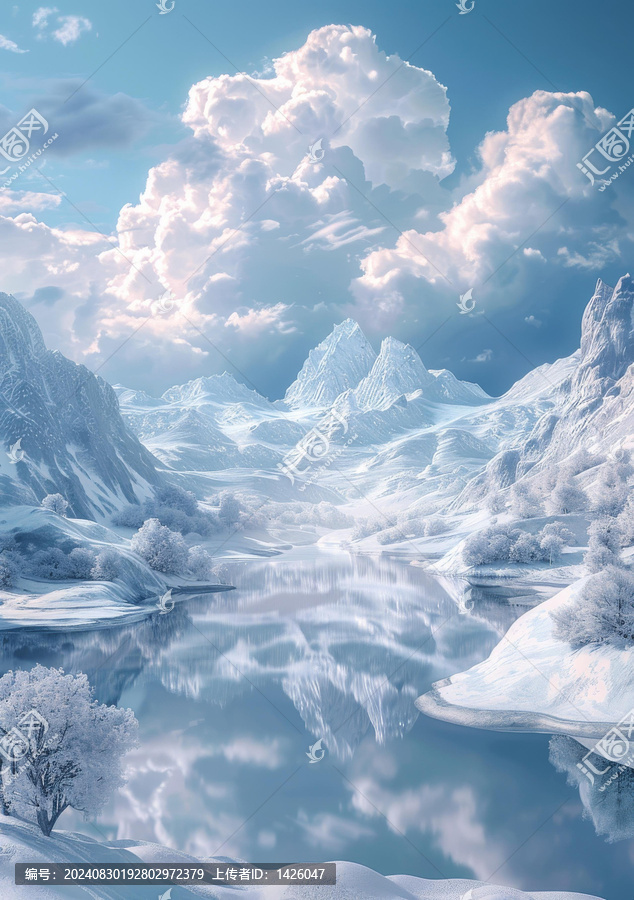 冰天雪地里的冰湖和雪山