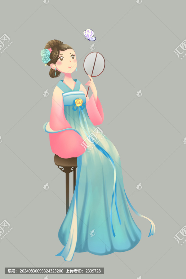 古代美女手持團(tuán)扇撲蝴蝶插畫元素