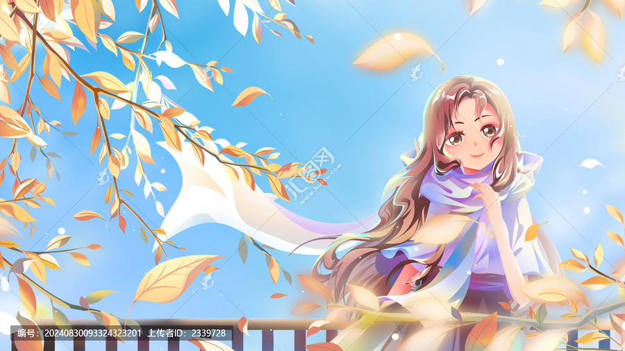 藍(lán)唯美浪漫秋季美女賞秋景插畫