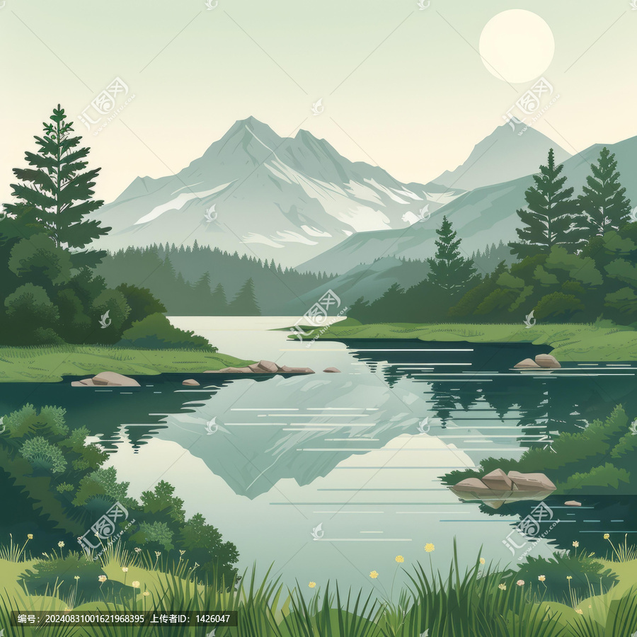 寧靜的山湖與森林景觀插圖