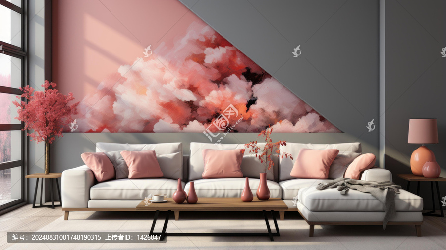 粉色和灰色墻壁白色沙發(fā)及粉色飾品的現(xiàn)代舒適起居室