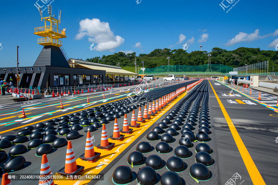 道路安全設(shè)施安裝黑色橡膠球和橙色錐形