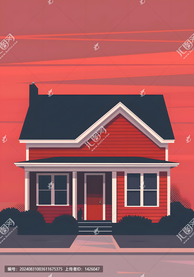 夕陽下帶白色裝飾的紅色房屋