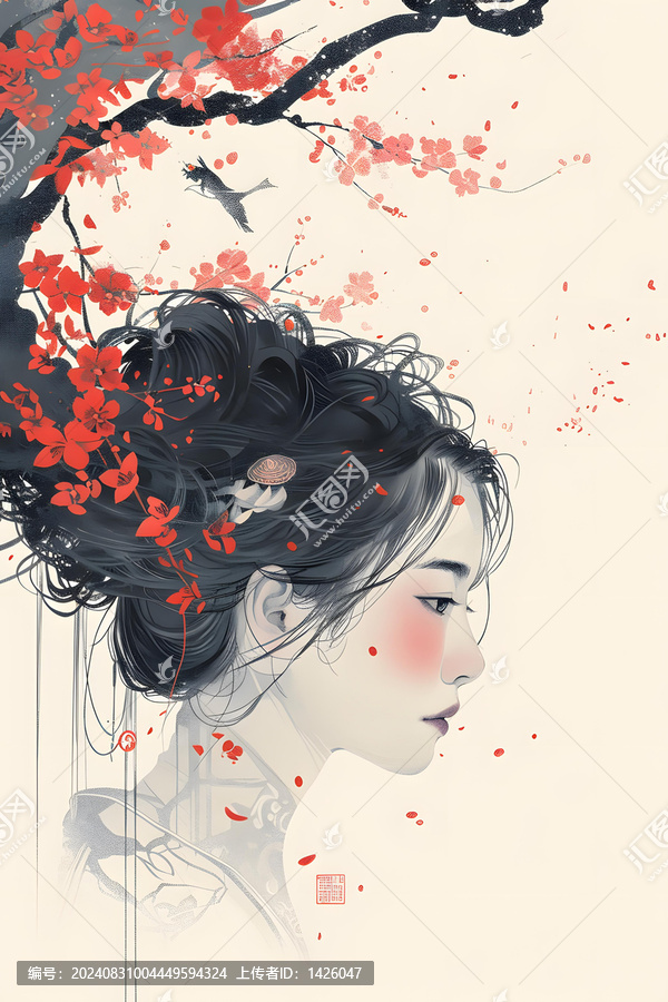 櫻花飄落女子側(cè)顏