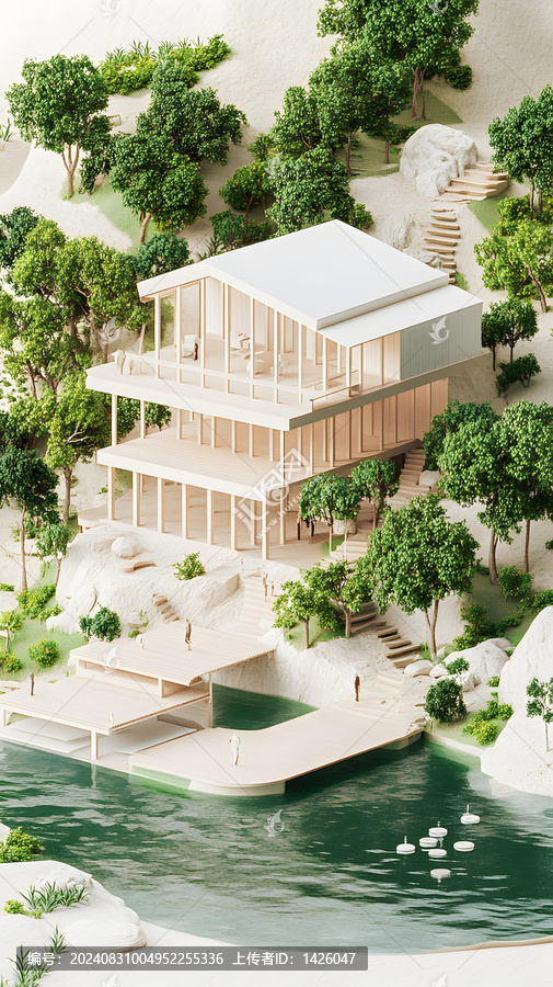 山坡上的現(xiàn)代木質(zhì)房屋，俯瞰湖景