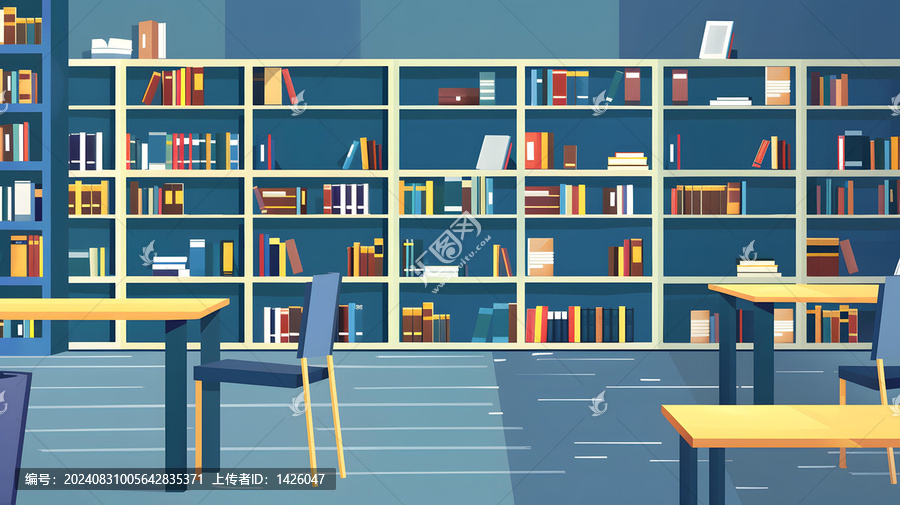 圖書館里帶有桌子和椅子的大型書架