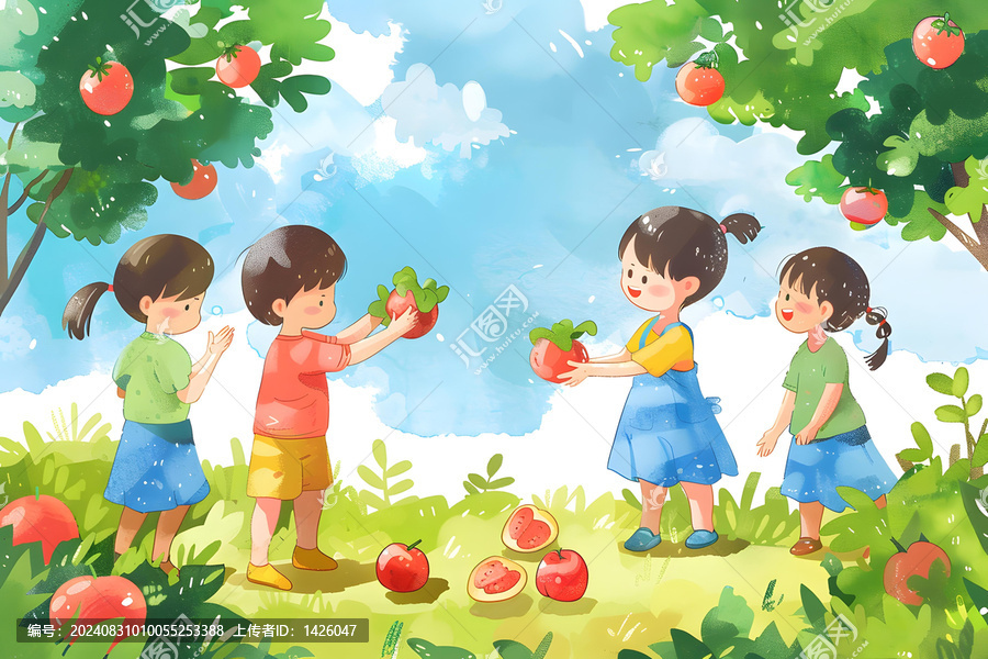 四個孩子在果園里摘蘋果玩耍