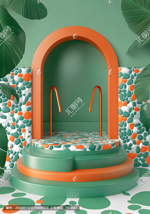 綠色和橙色抽象,3D,渲染背景
