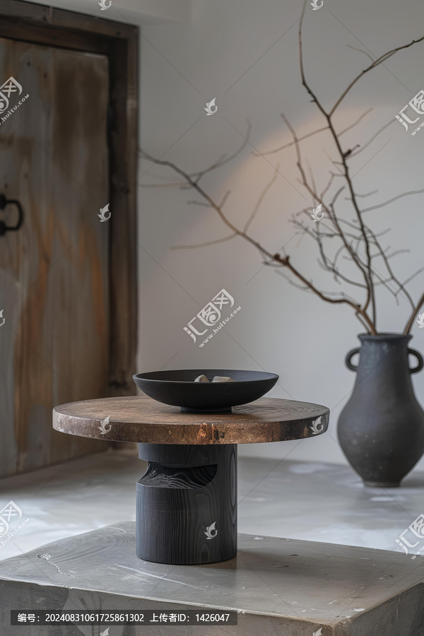 一張木桌上面擺著一個(gè)黑色碗