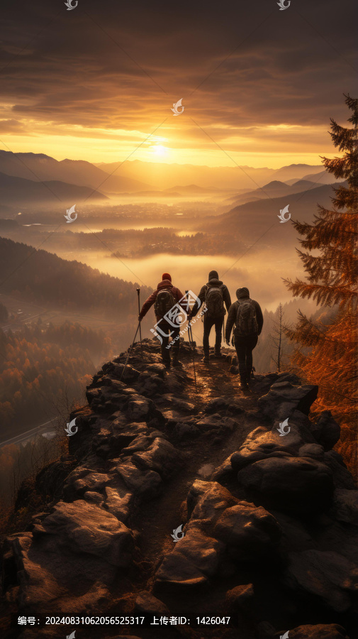 三個(gè)登山者在日出時(shí)分登上山頂