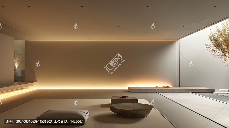 極簡禪意室內(nèi)設(shè)計，石桌和坐墊