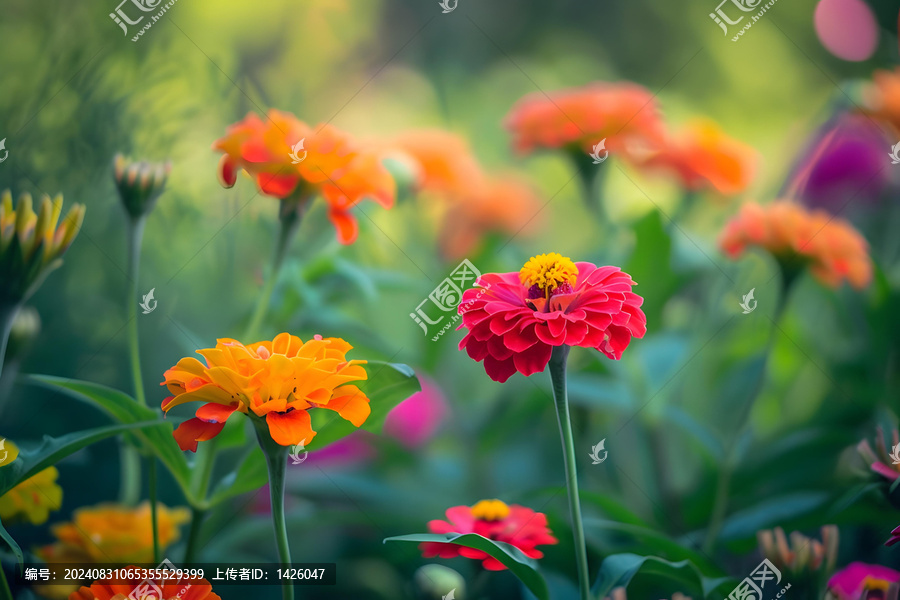 花園里盛開的粉紅色和橙色百日菊