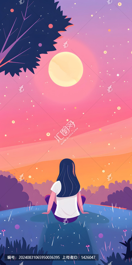 女孩坐在山丘上看日落