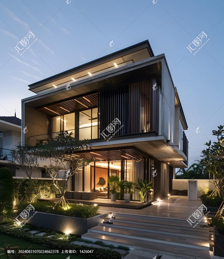 現(xiàn)代混凝土住宅，木質(zhì)裝飾與蔥郁綠植
