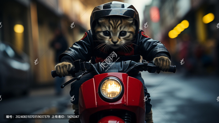 戴著頭盔的小貓騎著摩托車