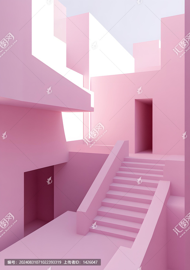 極簡粉紅色幾何建筑抽象3D渲染