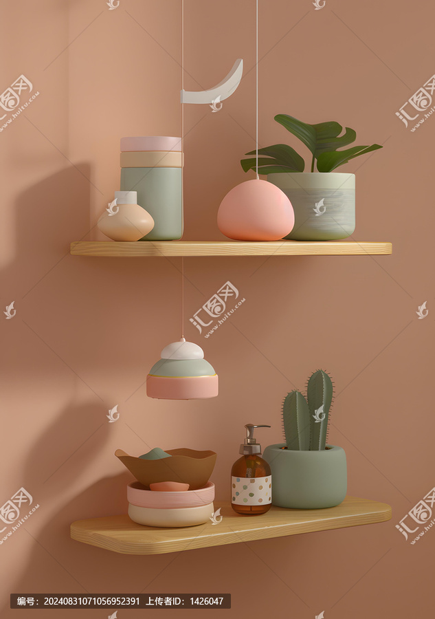 極簡(jiǎn)風(fēng)格3D渲染的帶植物和裝飾的架子