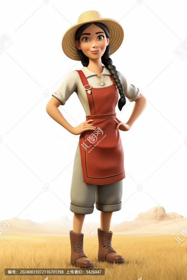 戴草帽和紅色圍裙的婦女站在田野里