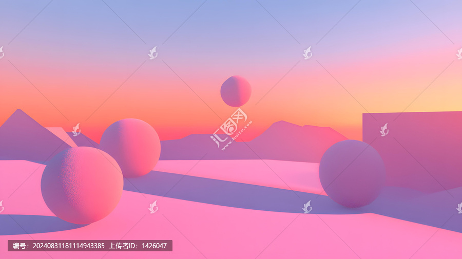 粉色球體漂浮在夕陽下的抽象景觀