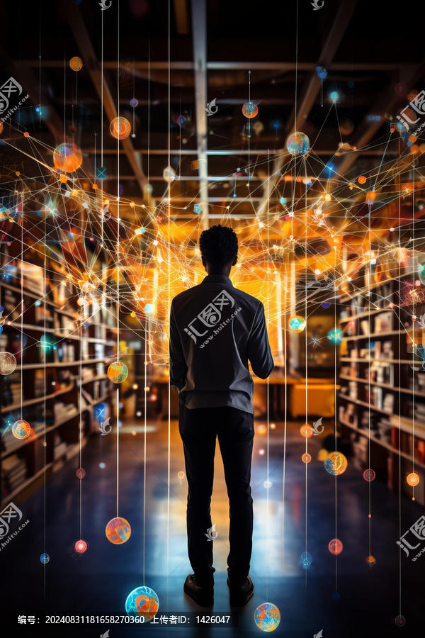 圖書館中被發(fā)光的球形體和線形光包圍的非裔未來主義男子