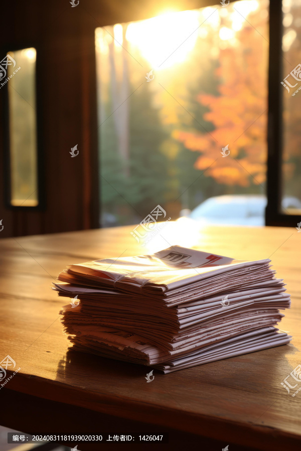 木質(zhì)桌子上放著一疊報紙后面是窗戶