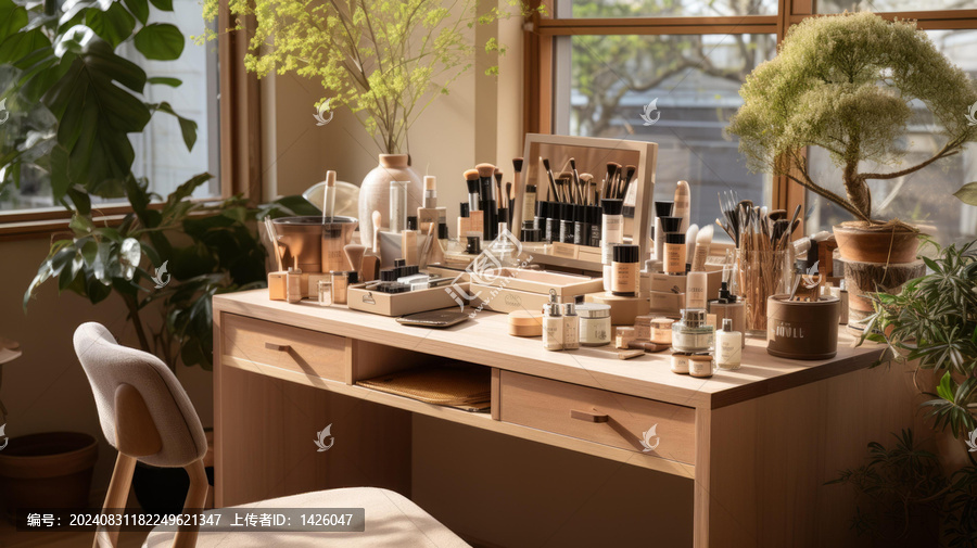一張擺滿(mǎn)了美容產(chǎn)品的木制桌子