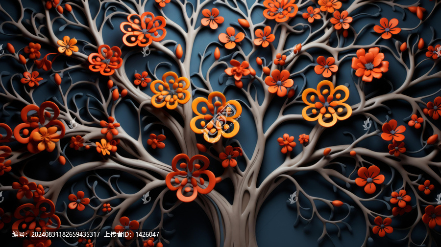 一幅藍(lán)底橘色花樹的插圖