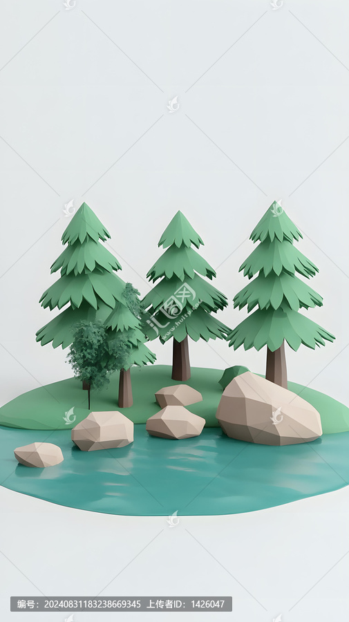 低多邊形3D森林湖泊景觀