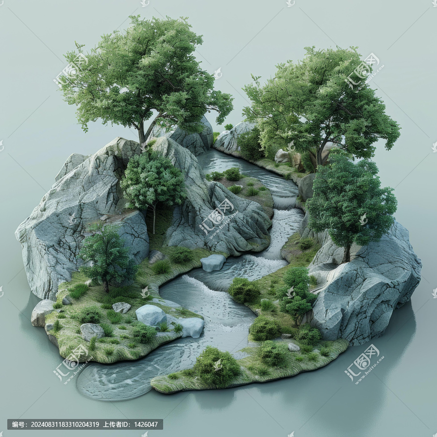 微縮景觀山石樹木與河流