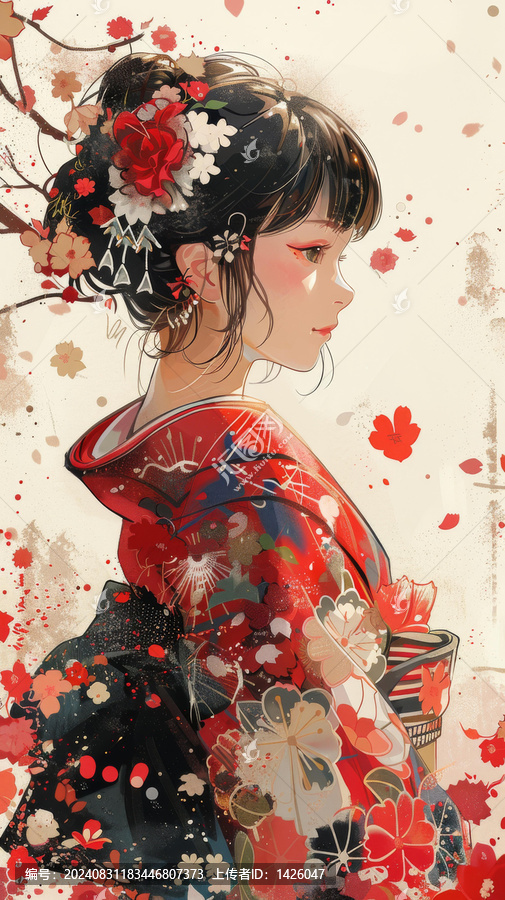 身穿紅色花卉和服的女子