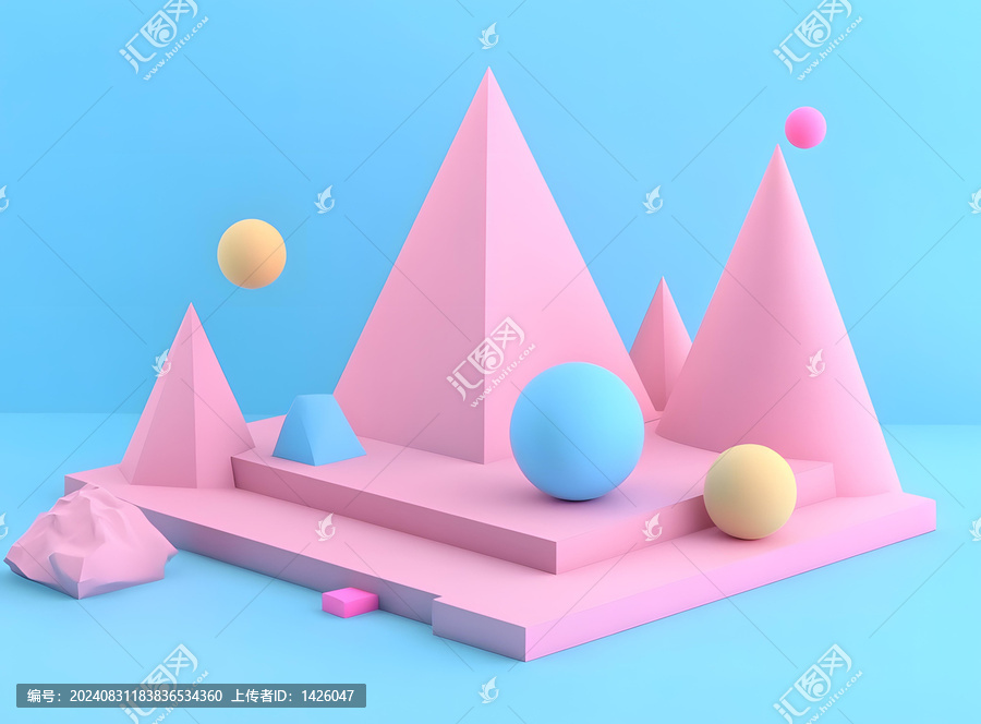 粉色和藍(lán)色幾何圖形抽象,3D,渲染