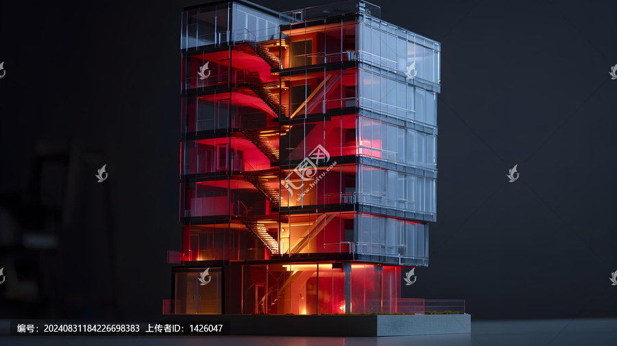 現(xiàn)代玻璃建筑模型紅光