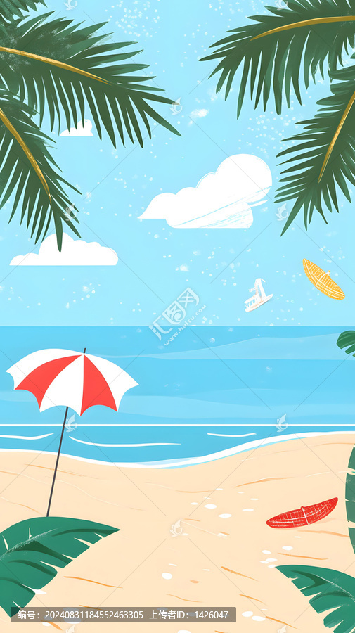 夏日海灘風景,棕櫚樹和沙灘傘