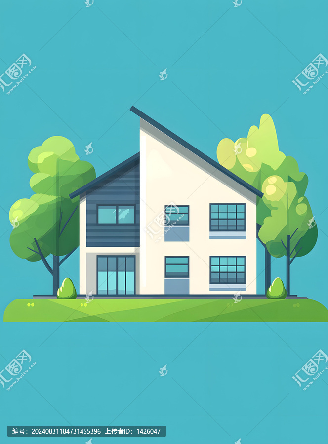 帶綠樹的現(xiàn)代房屋插圖