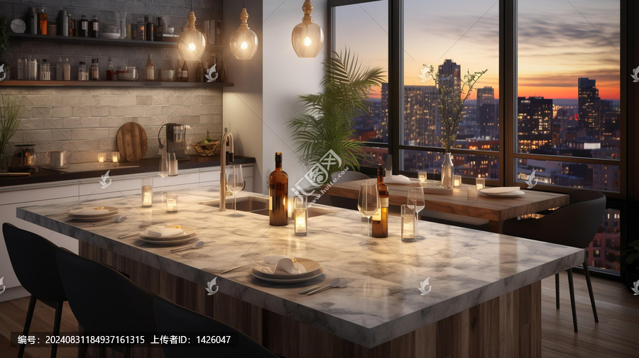 現(xiàn)代廚房可以看到城市景觀