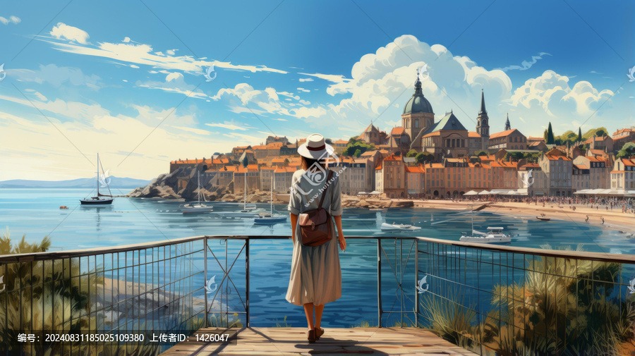 女士站在碼頭上欣賞地中海的美景