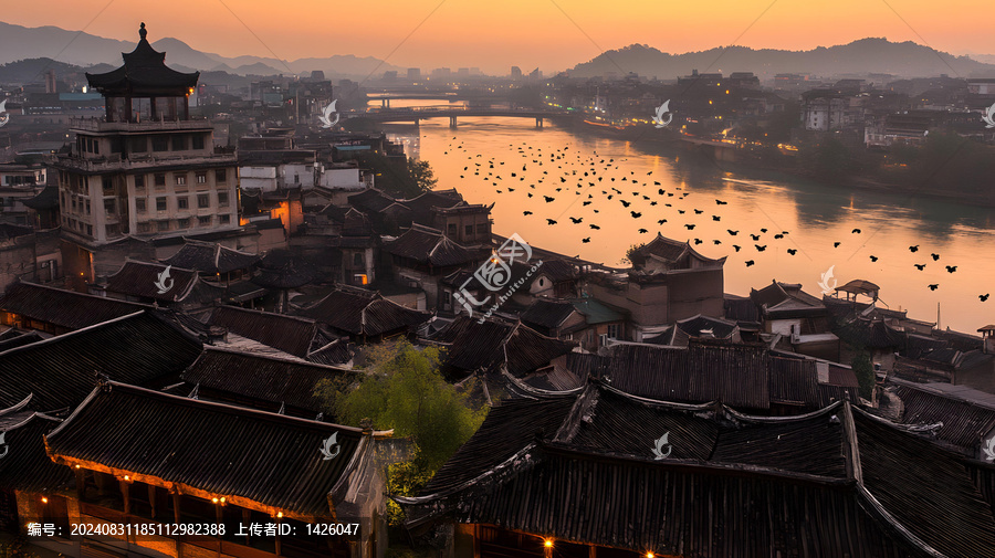 中國古城夕陽下的鳥瞰圖