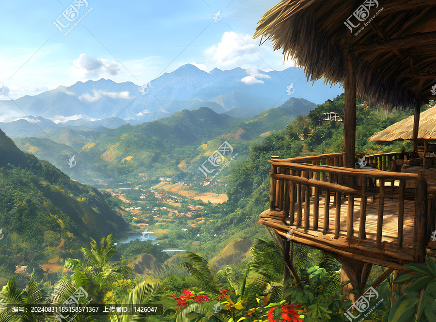 熱帶雨林木質(zhì)陽臺(tái)上的山景