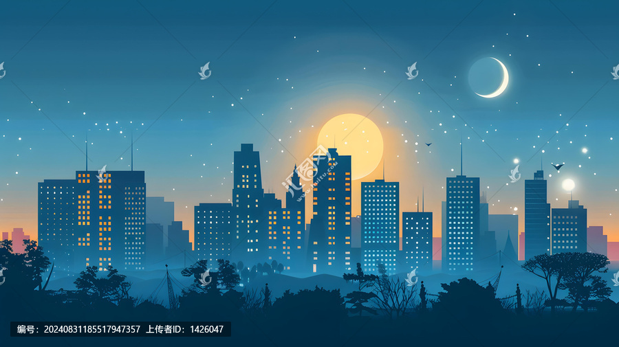 夜晚城市景觀月球和星星