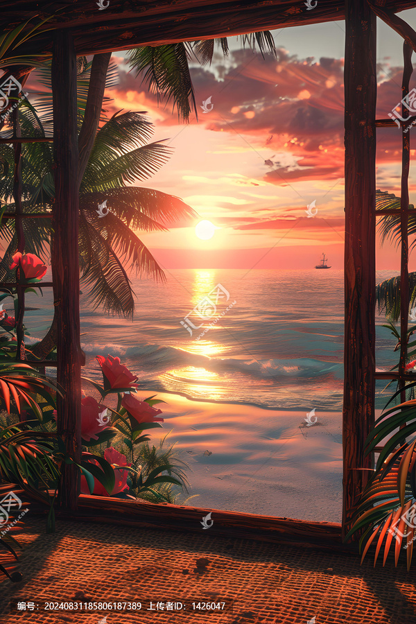 熱帶海灘小屋的日落