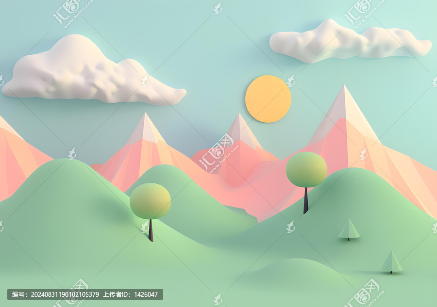 低多邊形山脈,帶太陽和云朵