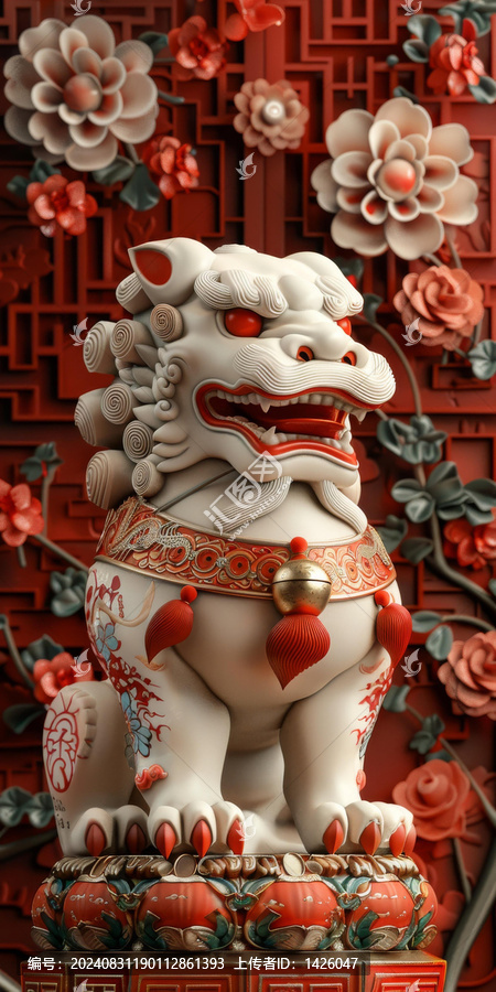 一只紅白相間的陶瓷中國石獅子