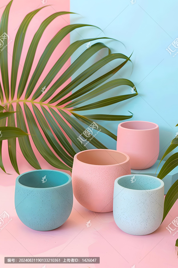 粉色和藍(lán)色背景上的彩色花盆