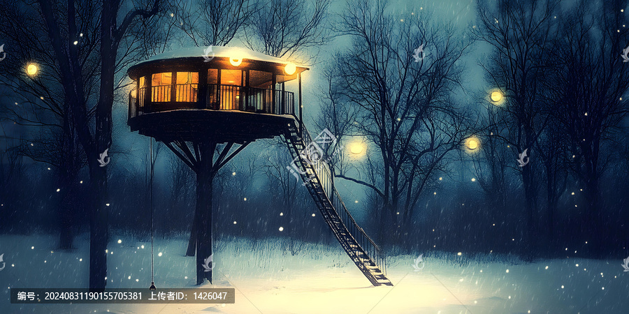 冬夜雪景下的樹屋燈光
